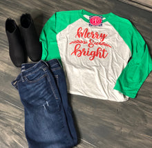 Merry & Bright on baseball shirt - Holiday Shirt